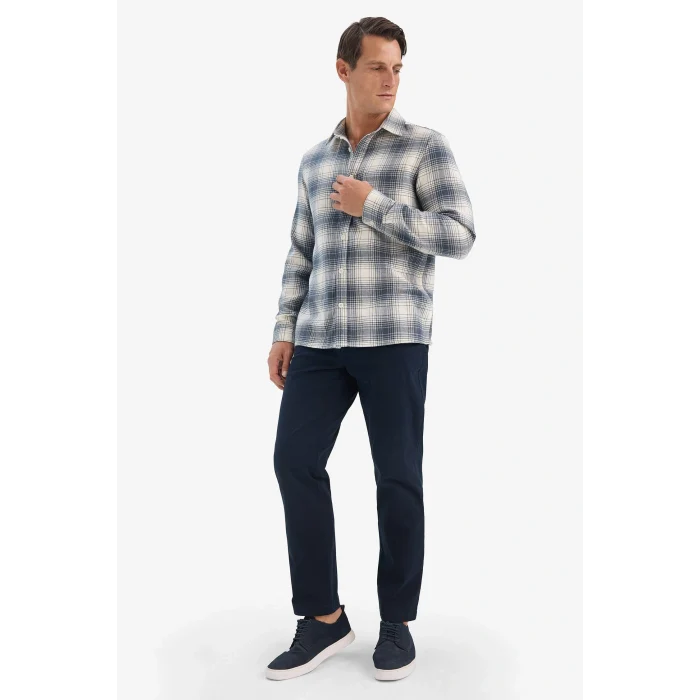 Defacto E8184AXNV125 Lacivert Regular Fit Polo Yaka Kareli Flanel Uzun Kollu Gömlek