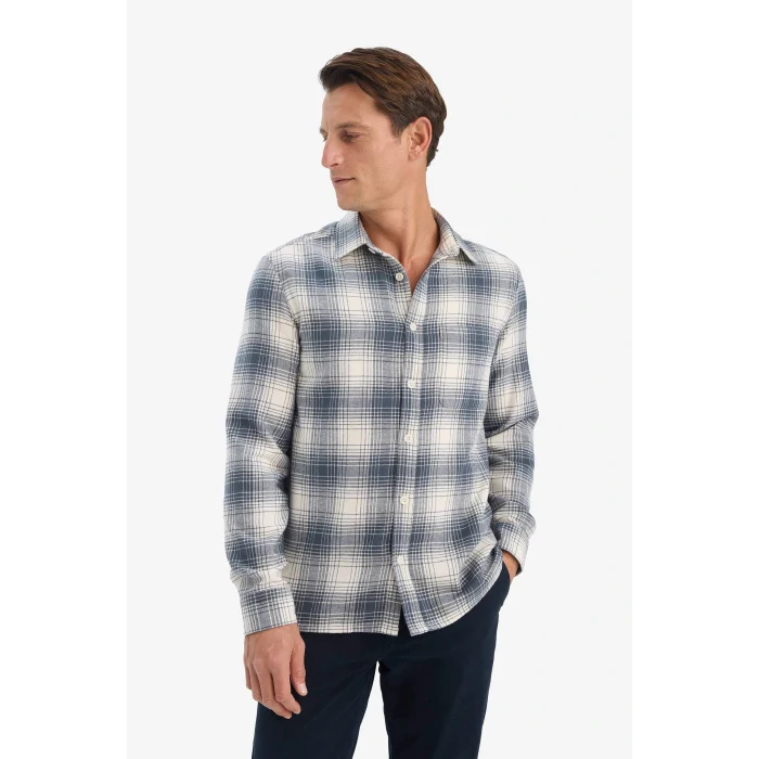 Defacto E8184AXNV125 Lacivert Regular Fit Polo Yaka Kareli Flanel Uzun Kollu Gömlek