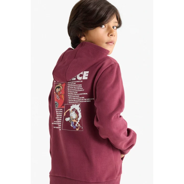 Defacto F9917A8BR170 Bordo Erkek Çocuk One Piece Kapüşonlu İçi Yumuşak Tüylü Sırt Baskılı Sweatshirt