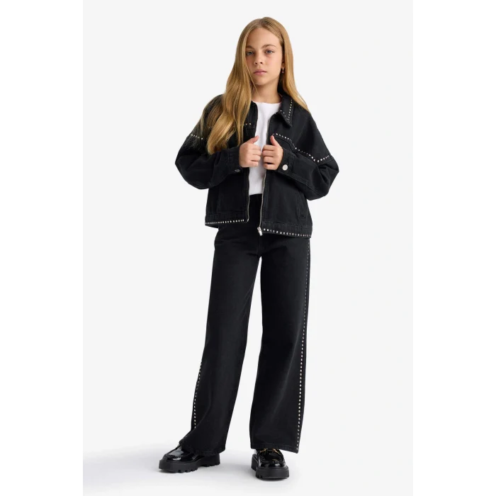 Defacto F8626A8BK27 Siyah Kız Çocuk Wide Leg Geniş Paça Jean Pantolon