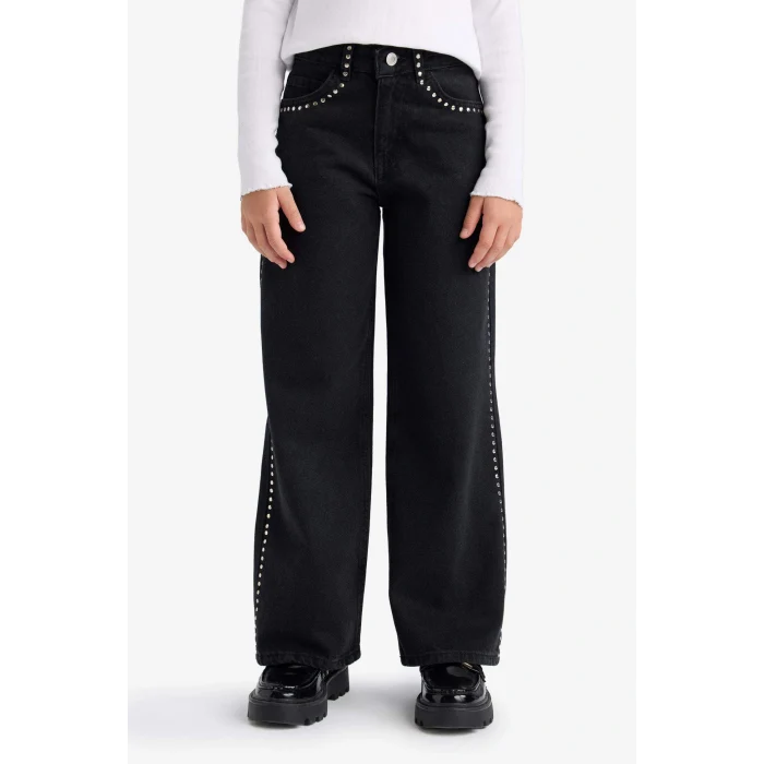 Defacto F8626A8BK27 Siyah Kız Çocuk Wide Leg Geniş Paça Jean Pantolon