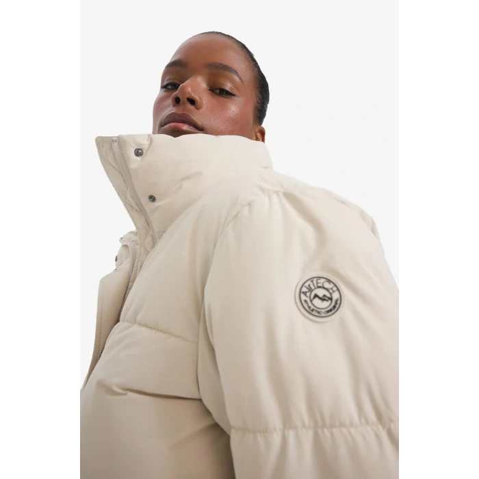 Defacto E9266AXBG779 Bej Defactofit Su İtici Oversize Fit Geniş Kalıp Dik Yaka Fermuarlı Çıtçıtlı Cepli Şişme Mont