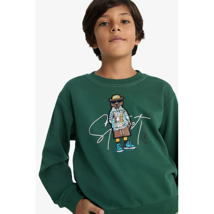 Defacto F2851A8GN149 Yeşil Erkek Çocuk Bisiklet Yaka Baskılı Sweatshirt