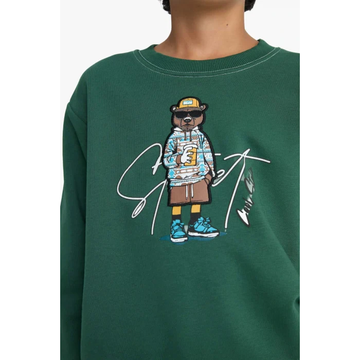 Defacto F2851A8GN149 Yeşil Erkek Çocuk Bisiklet Yaka Baskılı Sweatshirt