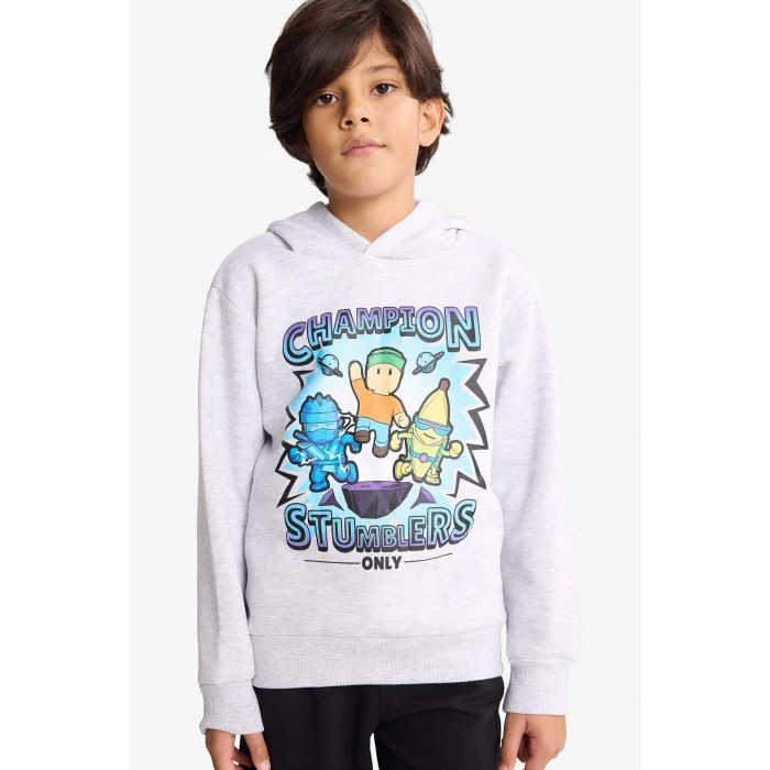 Defacto G0054A8GR400 Gri Erkek Çocuk Stumble Guys Kapüşonlu İçi Yumuşak Tüylü Sweatshirt