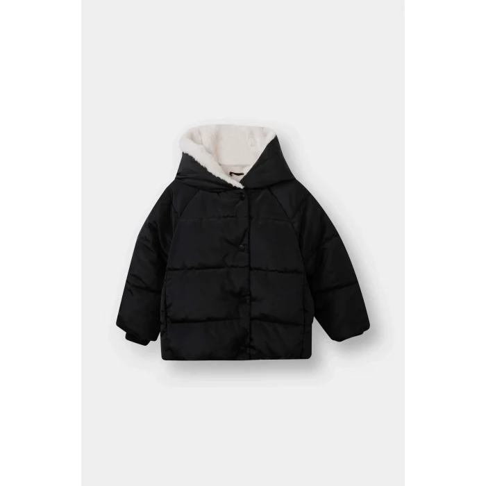 Defacto C3502A5BK27 Siyah Kız Bebek Rüzgar Geçirmez Su Geçirmez Kapüşonlu Suni Kürk Astarlı Mont