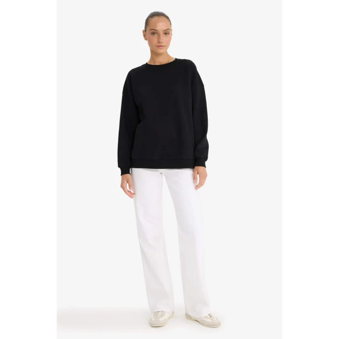 Defacto F9628AXBK81 Siyah Oversize Geniş Kalıp Bisiklet Yaka Basic Düz Kalın Sweatshirt