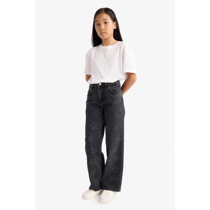 Defacto G3611A8BK27 Siyah Kız Çocuk Wide Leg Geniş Paça Jean Pantolon