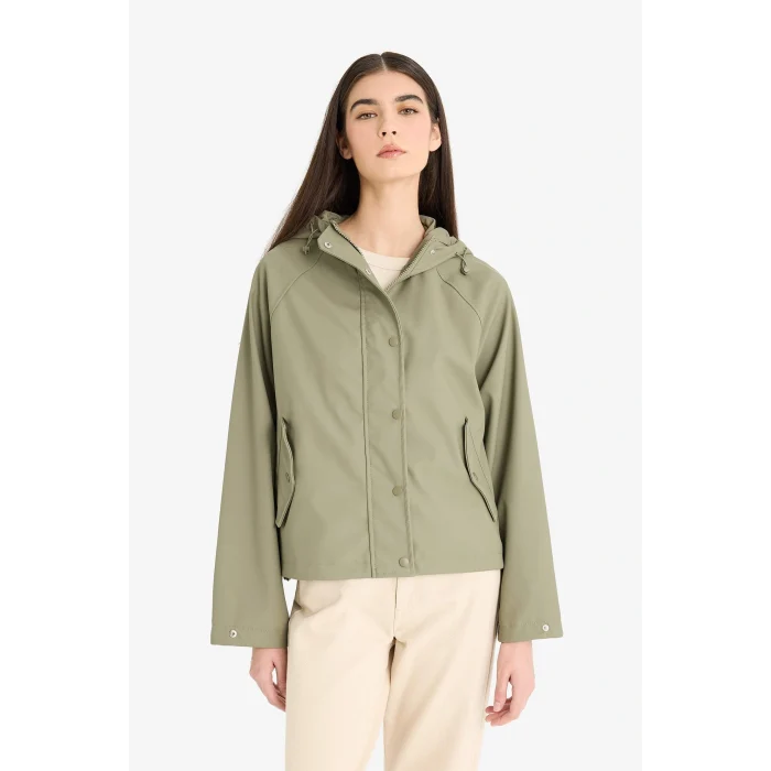 Defacto E8552AXKH402 Haki Regular Fit Kapüşonlu Suni Deri Yağmurluk