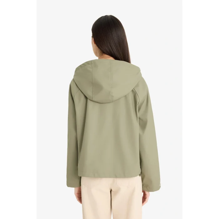 Defacto E8552AXKH402 Haki Regular Fit Kapüşonlu Suni Deri Yağmurluk
