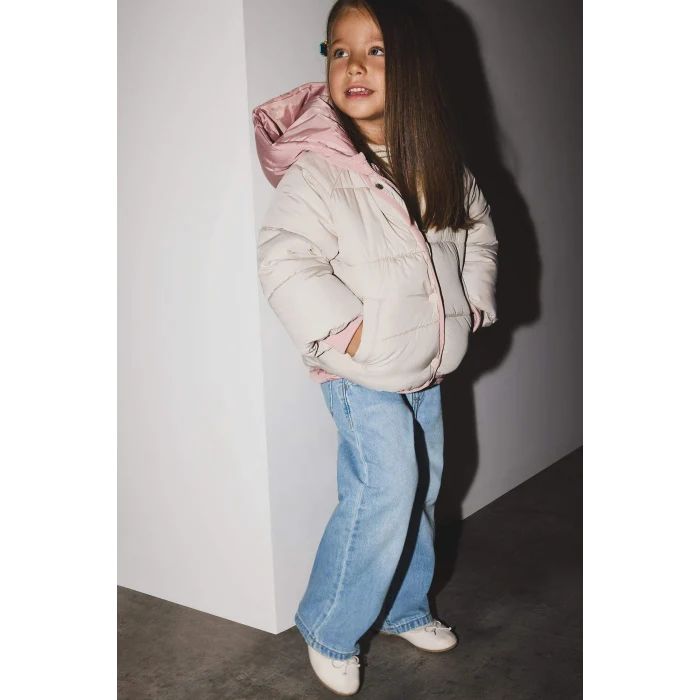 Defacto C5312A5ER120 Ekru Kız Bebek Kapüşonlu Fermuarlı Çok Renkli Çıtçıtlı Fermuarlı Şişme Mont