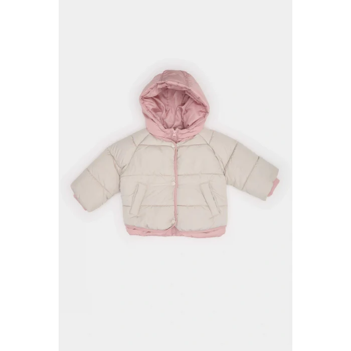 Defacto C5312A5ER120 Ekru Kız Bebek Kapüşonlu Fermuarlı Çok Renkli Çıtçıtlı Fermuarlı Şişme Mont