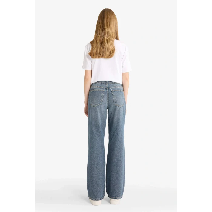 Defacto F5527AXNM28 Mavi Straight Wide Yüksek Bel Uzun Jean Yıkamalı Pantolon