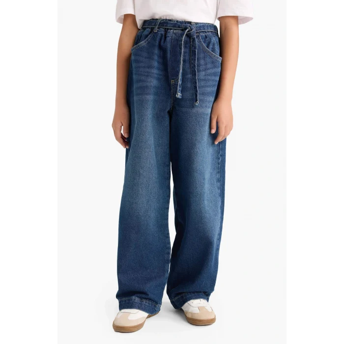 Defacto G2949A8NM28 Mavi Kız Çocuk Wide Baggy Fit Beli Lastikli Jean Pantolon