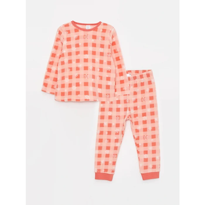 LCW baby Pembe Bisiklet Yaka Uzun Kollu Desenli Polar Kız Bebek Pijama Takımı