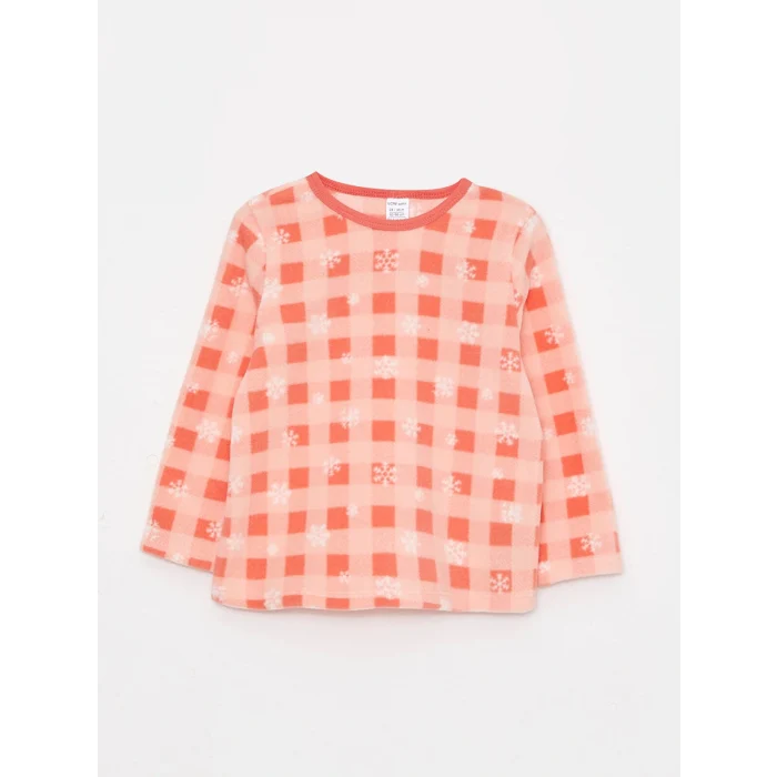 LCW baby Pembe Bisiklet Yaka Uzun Kollu Desenli Polar Kız Bebek Pijama Takımı