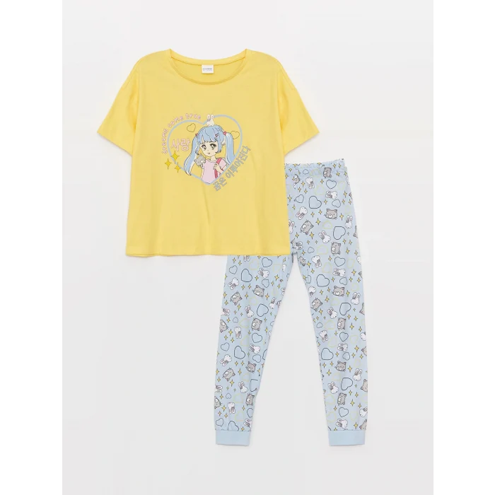 LCW Kids Sarı Bisiklet Yaka Baskılı Kısa Kollu Kız Çocuk Pijama Takımı