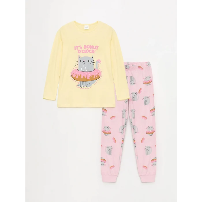 LCW Kids Sarı Bisiklet Yaka Baskılı Uzun Kollu Kız Çocuk Pijama Takımı