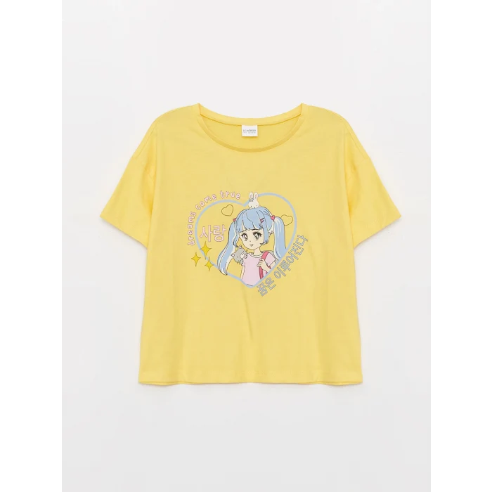 LCW Kids Sarı Bisiklet Yaka Baskılı Kısa Kollu Kız Çocuk Pijama Takımı