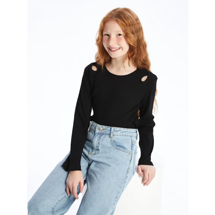 LCW Kids Siyah Bisiklet Yaka Basic Uzun Kollu Kız Çocuk Tişört