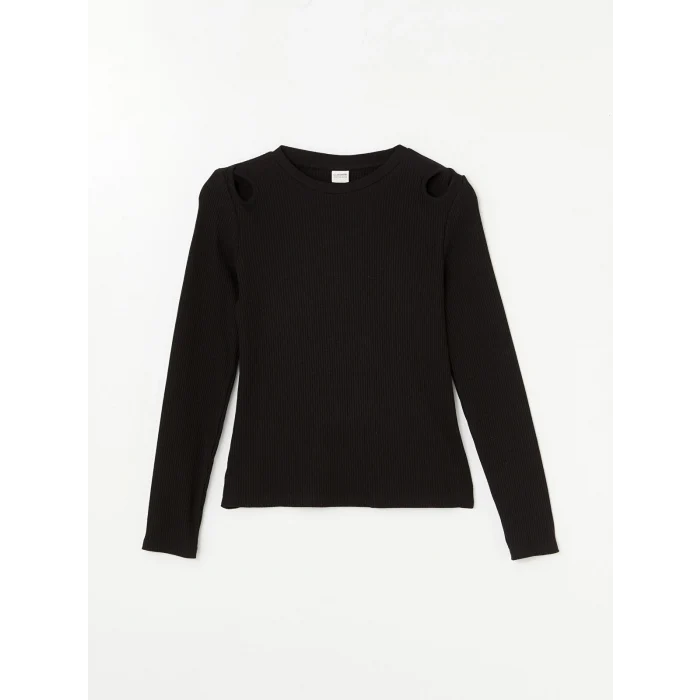 LCW Kids Siyah Bisiklet Yaka Basic Uzun Kollu Kız Çocuk Tişört