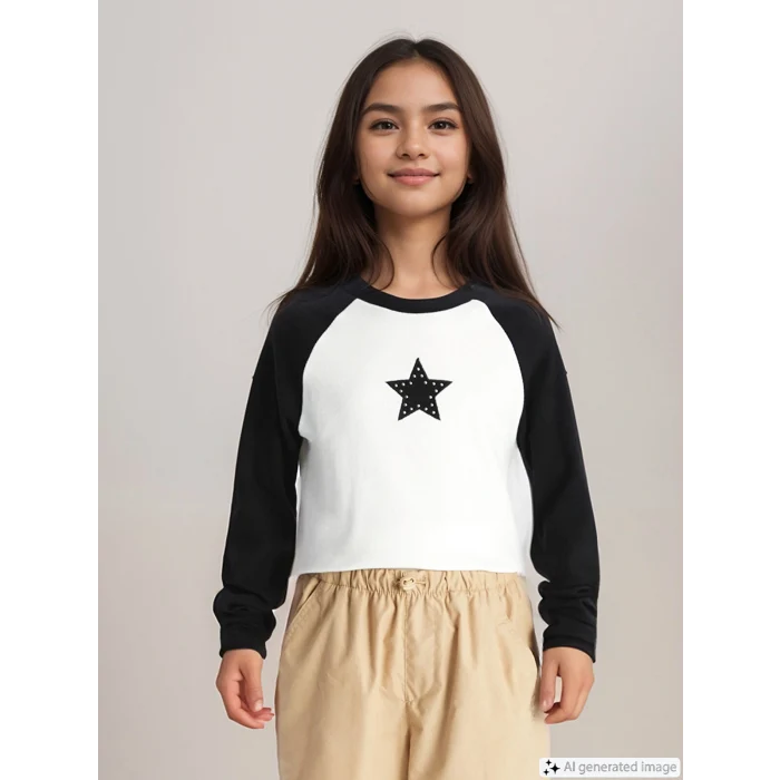 LCW Kids Siyah Bisiklet Yaka Nakışlı Uzun Kollu Kız Çocuk Tişört