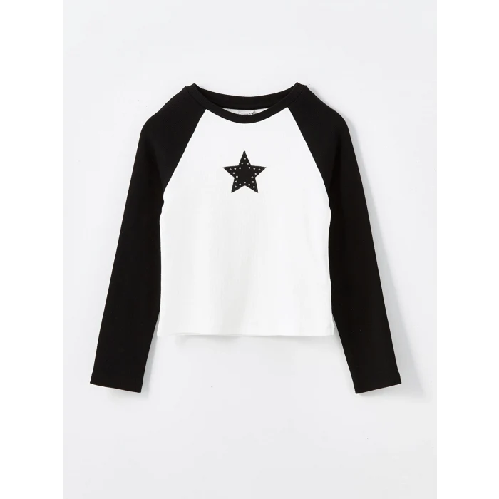 LCW Kids Siyah Bisiklet Yaka Nakışlı Uzun Kollu Kız Çocuk Tişört