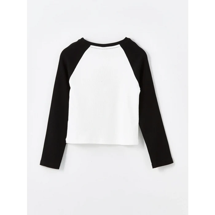 LCW Kids Siyah Bisiklet Yaka Nakışlı Uzun Kollu Kız Çocuk Tişört