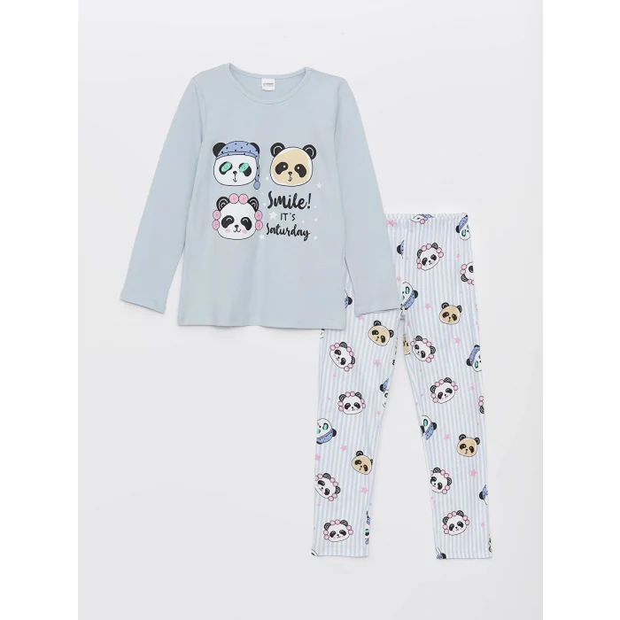 LCW Kids Mavi Bisiklet Yaka Baskılı Uzun Kollu Kız Çocuk Pijama Takımı