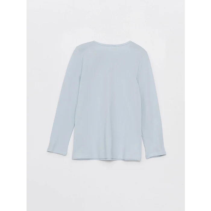 LCW Kids Mavi Bisiklet Yaka Baskılı Uzun Kollu Kız Çocuk Pijama Takımı