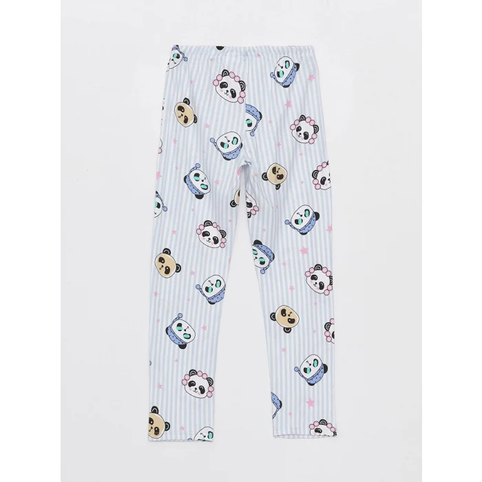 LCW Kids Mavi Bisiklet Yaka Baskılı Uzun Kollu Kız Çocuk Pijama Takımı