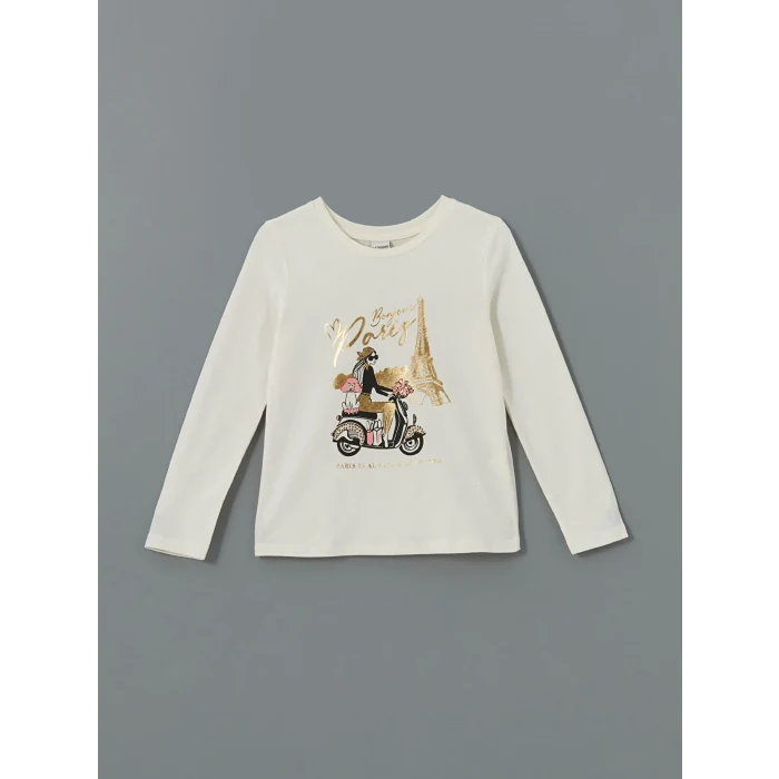 LCW Kids Ekru Bisiklet Yaka Kız Çocuk Tişört