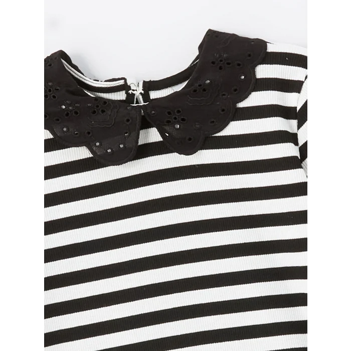LCW Kids Siyah Bebe Yaka Çizgili Kız Çocuk Tişört