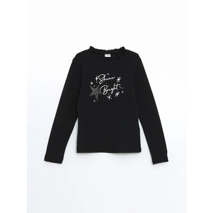 LCW Kids Siyah Dik Yaka Taşlı Kız Çocuk Tişört
