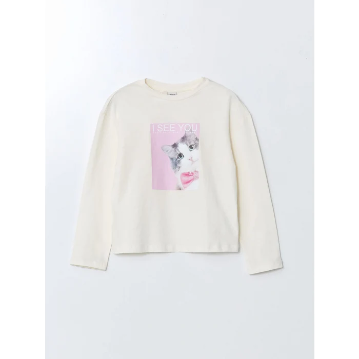 LCW Kids Ekru Bisiklet Yaka Kız Çocuk Tişört