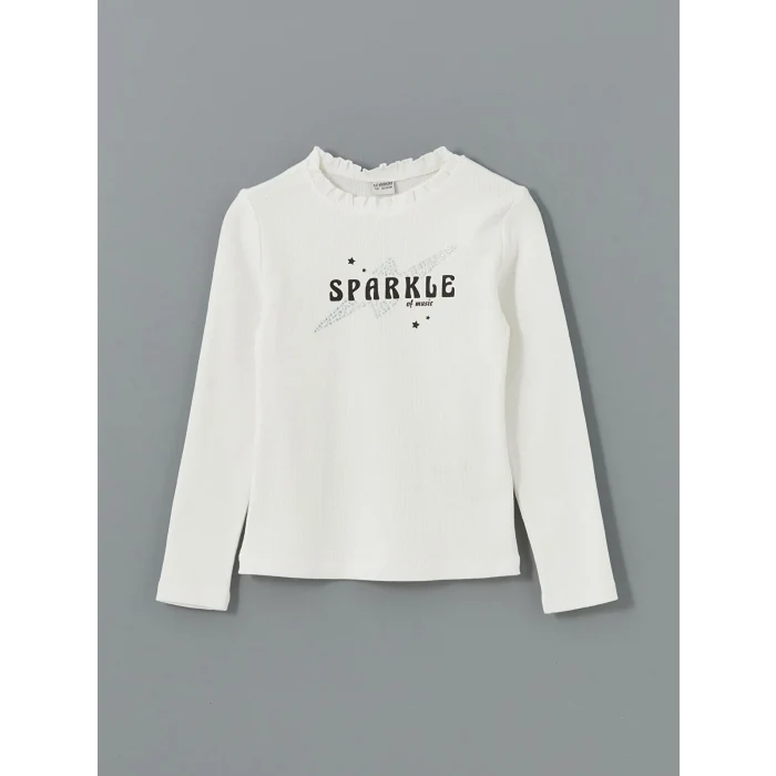 LCW Kids Ekru Dik Yaka Taşlı Kız Çocuk Tişört