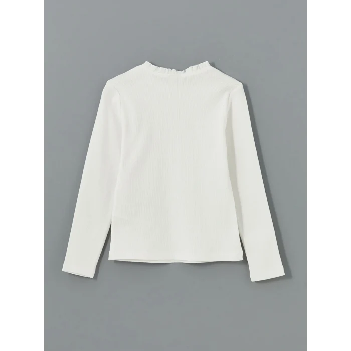 LCW Kids Ekru Dik Yaka Taşlı Kız Çocuk Tişört