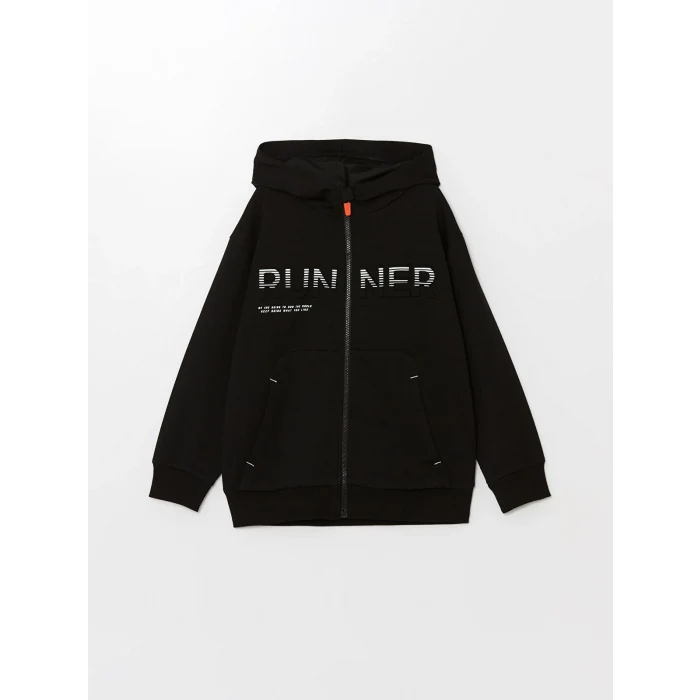 LCW Kids Siyah Kapüşonlu Baskılı Uzun Kollu Erkek Çocuk Fermuarlı Sweatshirt