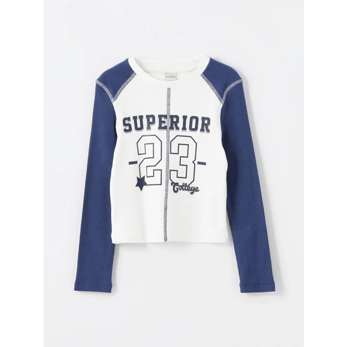 LCW Kids Lacivert Bisiklet Yaka Baskılı Uzun Kollu Kız Çocuk Tişört