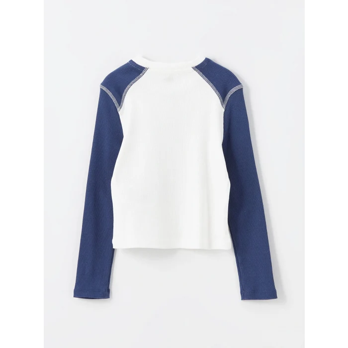 LCW Kids Lacivert Bisiklet Yaka Baskılı Uzun Kollu Kız Çocuk Tişört