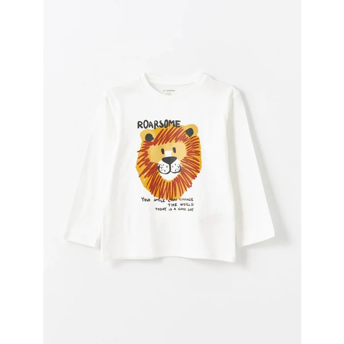 LCW Kids Ekru Bisiklet Yaka Uzun Kollu Baskılı Erkek Bebek Tişört ve Pantolon 2li Takım