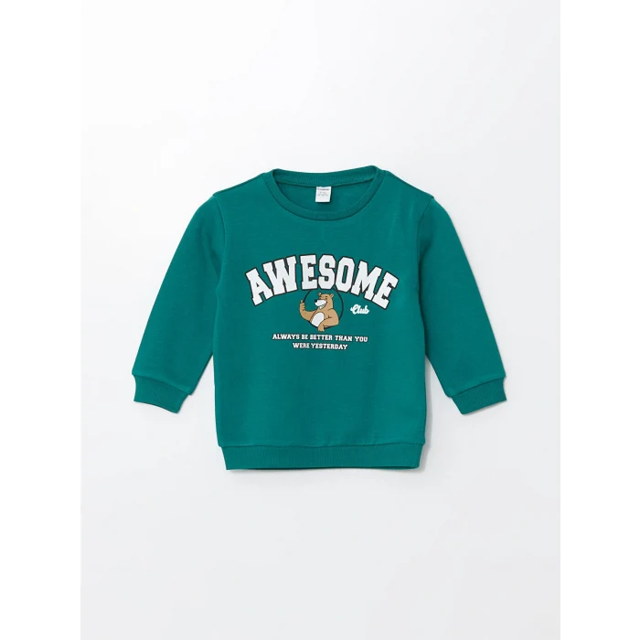 LCW Kids Yeşil Bisiklet Yaka Baskılı Kalın Erkek Çocuk Sweatshirt