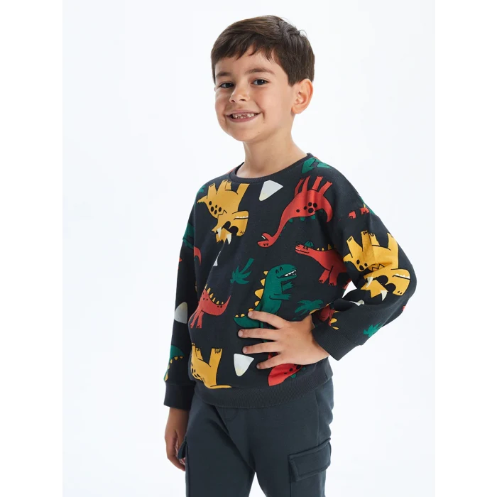 LCW Kids Antrasit Bisiklet Yaka Baskılı Erkek Çocuk Sweatshirt