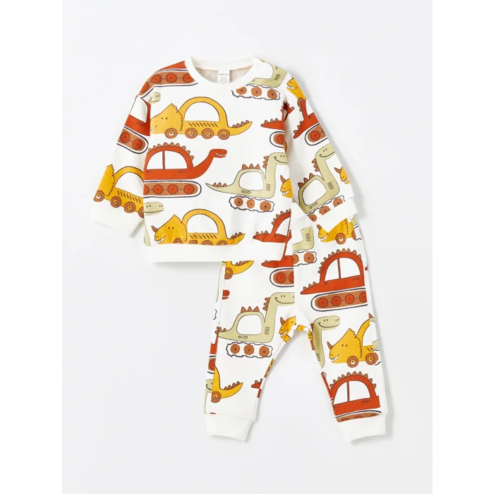 LCW baby Bej Bisiklet Yaka Uzun Kollu Baskılı Erkek Bebek Sweatshirt ve Eşofman Alt 2li Takım