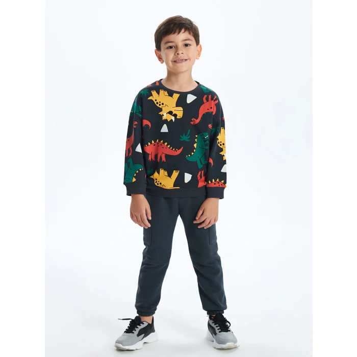 LCW Kids Antrasit Bisiklet Yaka Baskılı Erkek Çocuk Sweatshirt