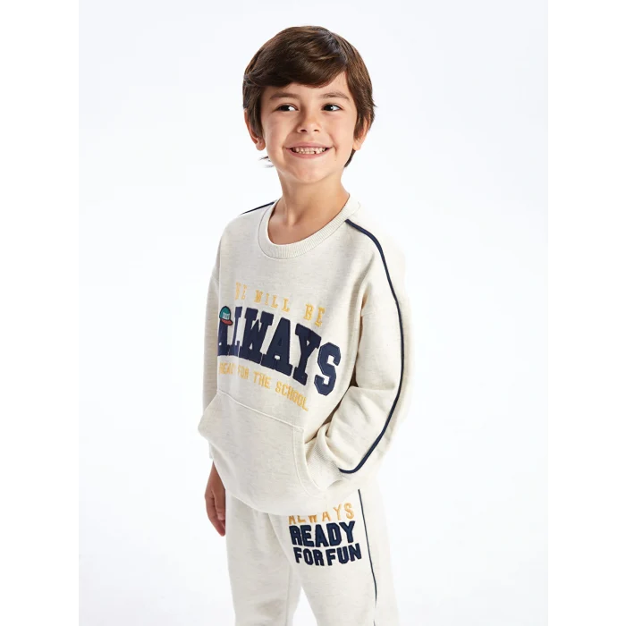 LCW Kids Ekru Bisiklet Yaka Baskılı Erkek Çocuk Sweatshirt