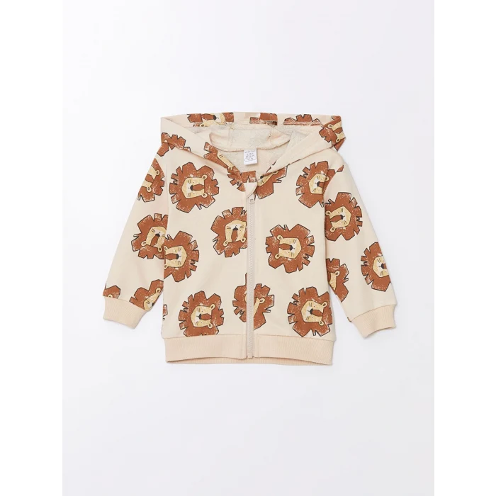 LCW baby Ekru Kapüşonlu Uzun Kollu Baskılı Erkek Bebek Hırka ve Pantolon 2li Takım