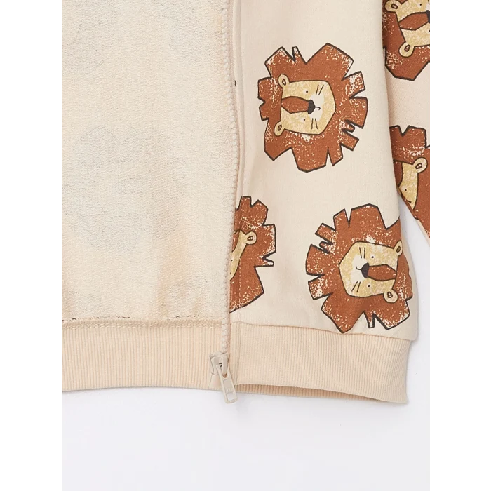 LCW baby Ekru Kapüşonlu Uzun Kollu Baskılı Erkek Bebek Hırka ve Pantolon 2li Takım