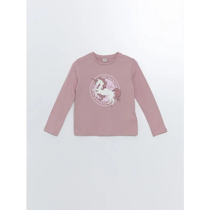 LCW Kids Pembe Bisiklet Yaka Baskılı Uzun Kollu Kız Çocuk Tişört