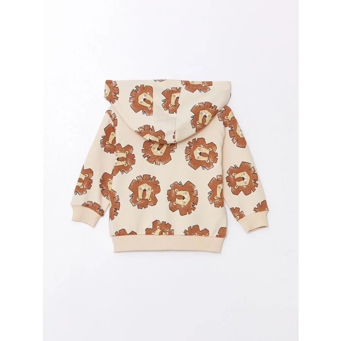 LCW baby Ekru Kapüşonlu Uzun Kollu Baskılı Erkek Bebek Hırka ve Pantolon 2li Takım